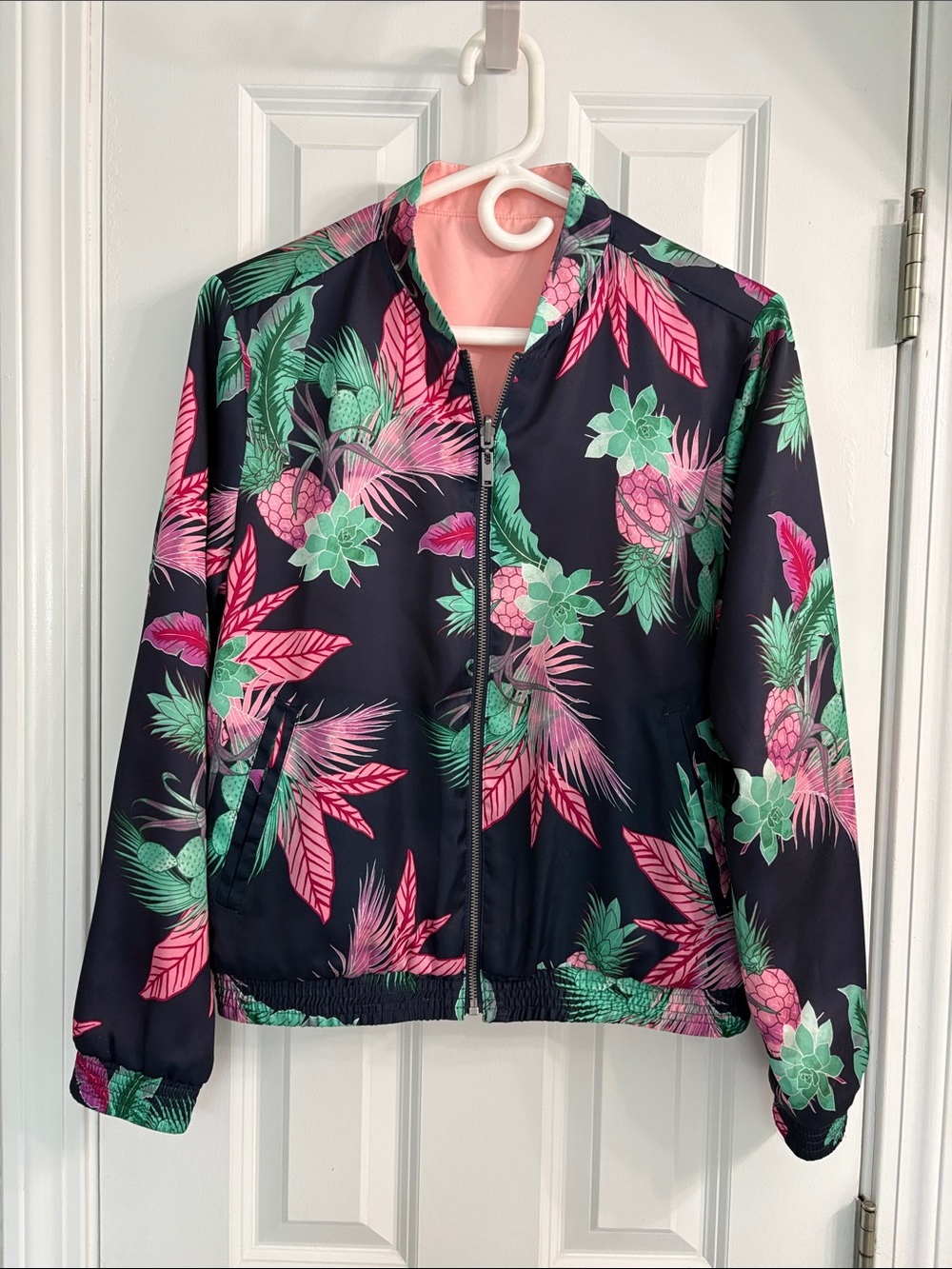 GAP Reversible Silk-like Tropical Print Bomber Jacket in Pink & Green